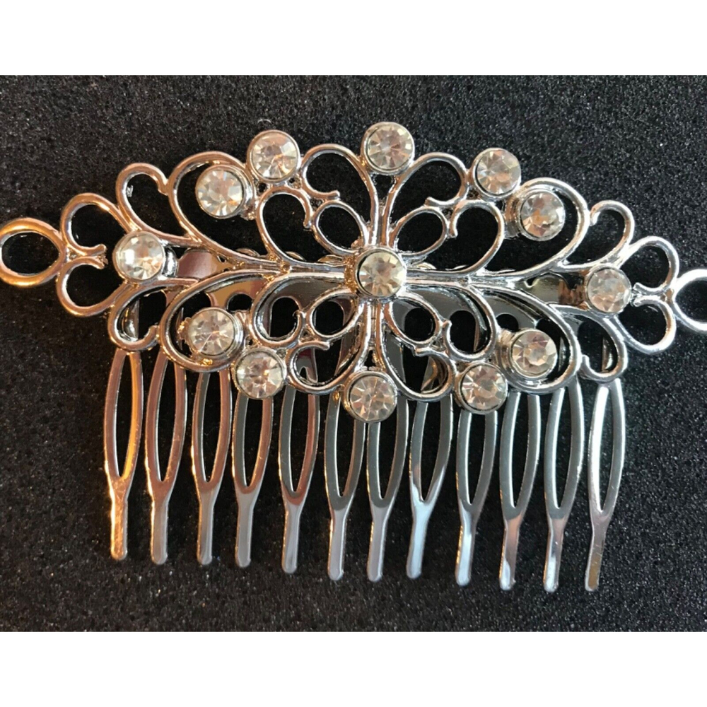 Vintage Silver Tone Hair Comb Scroll Design with Rhinestones
